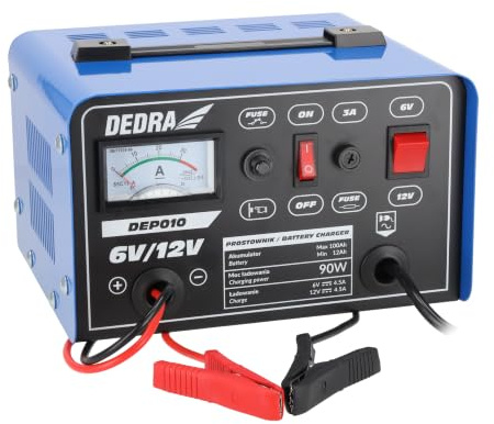 DEDRA Gleichrichter, Wechselrichter 6/12V Leistung 12-100 Ah, Ladeleistung 90w, mit Stromanzeigefunktion, 3A-Schutz, Länge der Batterieladekabel: 120 cm,