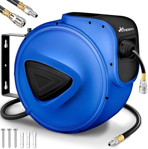 TRESKO® Carrete de Manguera de Aire Comprimido de 15 m | Conector de 1/4 | Enrollador de Manguera Automático | con Soporte para Pared | Rotación de 180° | Tope Final Ajustable, Azul