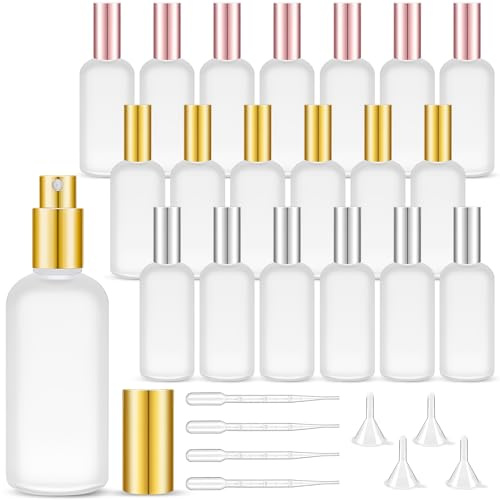 KDXBQ 20 Pack Glass Spray Bottles, 100 ml Empty Perfume Frosted Fine Mist Atomizer, Refillable Small Travel Containers for Essential Oils, Cleaning Products, Body Sprays (Gold, Rose Golden, Silver)