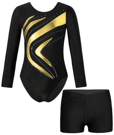 Monduelle Gymnastikdräkt för flickor, långärmad gymnastikdräkt med shorts, metallisk balettdräkt, balettröja, trikå, för tävling, dansdräkt
