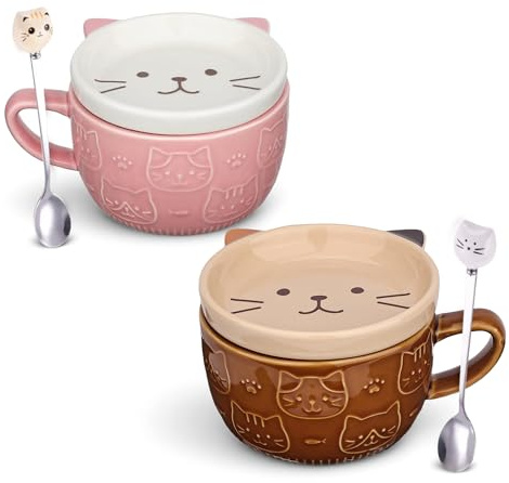 Beyinli 2 Set di carini tazze da caffè con coperchio a forma di gatto, tazze da tè Kawaii, tazze da colazione divertenti e originali, regali di Natale e compleanno per donne, amici e bambini