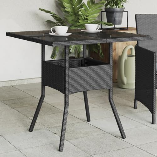 HaoChrymec Gartentisch Schwarz mit Glasplatte, PE-Rattan, Pulverbeschichteter Stahlrahmen, Loungetisch Outdoor, Beistelltisch Garten, Wetterfest, 80 x 80 x 75 cm