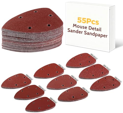 Giwiemi 55Pcs Mouse Detail Sander Sandpaper, 9 Grits (40-800) Premium Triangle Sanding Pads - Replacement Mouse Detail Sander Pads for Sanding & Polishing