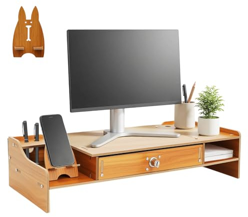 YUYUZI Supporto per monitor con cassetto, supporto da scrivania in MDF effetto legno – Organizer ergonomico da ufficio con cassetto richiudibile e portapenne per monitor fino a 5 kg – Include supporto