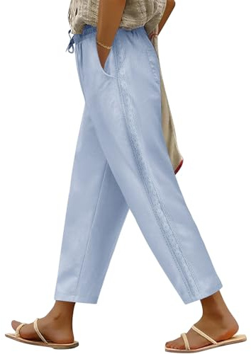 PASUDA Womens Trousers Summer Wide Leg Cropped Trousers Cotton Casual Ladies Elegant Elasticated Waisted Pants with Pockets Drawstring for Beach Holiday Daily(Blue,M)