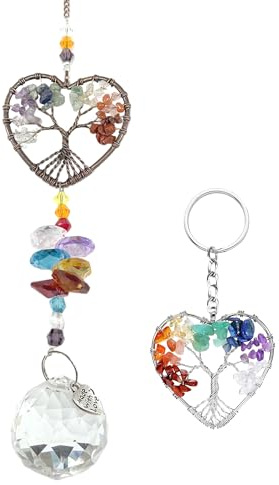 Heart Tree of Life Crystal Window Suncatcher with Crystal Tree Keychain | Meaningful Healing Crystals Set and Charming Novelty Gifts for Women, Ideal Crystals Gifts for Women and Tree of Life Gifts.