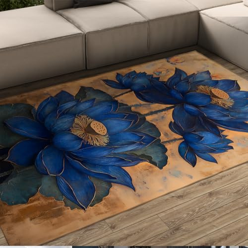 Alfombra Retro Oriental de área Alfombra Azul Lotus Floral alfombras Lavables Suaves Antideslizantes para salón Oficina en casa Interior Exterior 90x120cm