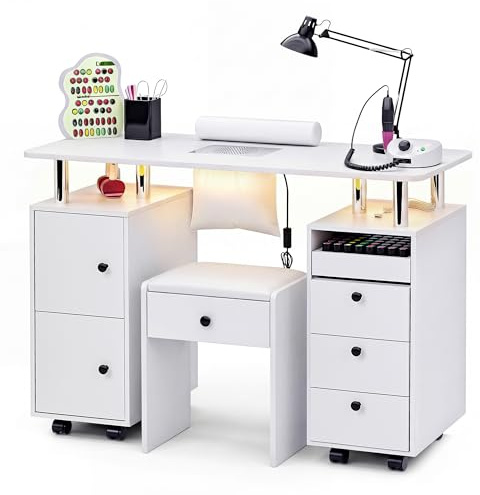 Nail Desk & Storage Stool Set for Nail Tech, Manicure Table w/Electric Dust Collector, LED Lights, Rolling Wheels, Hidden Storage Seat, Acetone Resistant, Professional Salon Workstation (White)
