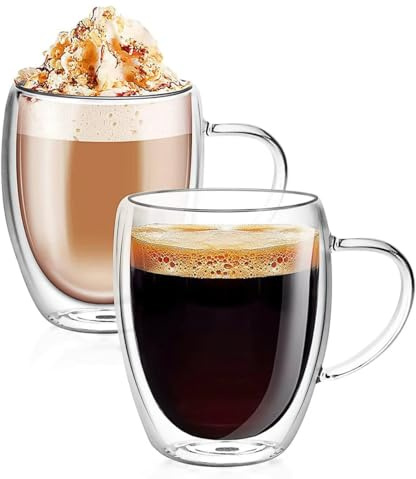 sengcengs latte macchiato glas set 2 delar, 350 ml cappuccinokoppar, dubbelväggiga glas med handtag, isolerade kaffekoppar glas, kaffekoppar, latte, kaffe, juice, mjölk, Lced Americano, öl
