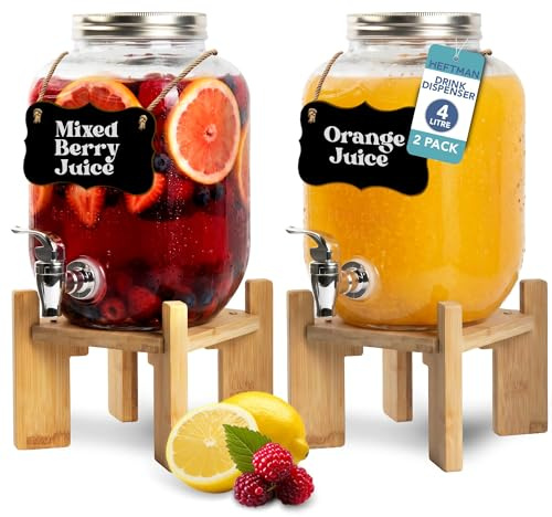 HEFTMAN Glass Drink Dispenser with Tap - 2 x 4L Mason Jar Drinks Dispenser