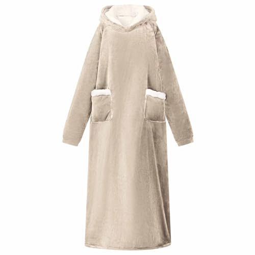 GeenYuu Decken-Hoodie Beige aus Fleece und Flanell, Oversized Größe M mit extra warmer Kapuze, praktische Tasche, leichtes Gewicht, ideal zum Entspannen Zuhause, für Winter und gemütliche Couchzeit