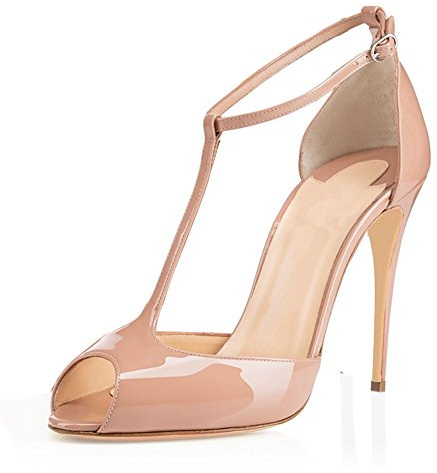 elashe - Scarpe da Donna - Peep Toe T-Strap Tacchi Alti- 10CM Tacco a Spillo - con Cinturino Caviglia Fibbia Cipria EU39