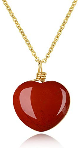 COAI Collar Largo para Mujer con Colgante Corazón de Jaspe Rojo