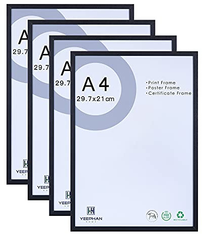 YEEPHAN A4 Picture Photo Frame, 21x30cm Zertifikatsrahmen aus Massivholz mit kunststoffglas front für Wandbehang und Tischdisplay, schwarz, 4er Pack