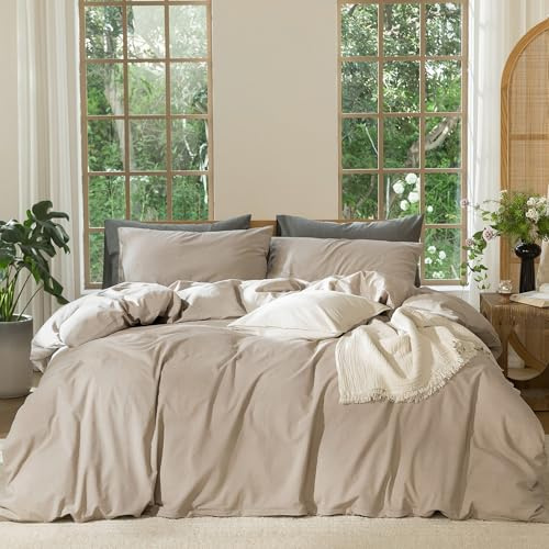 MooMee Bedding Duvet Cover Set 100% Washed Cotton Linen Like Textured Breathable Durable Soft Comfy (Heathered Taupe, King 104x90)