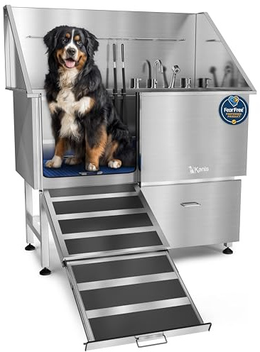 KANIS Professional Dog Washing Station 304 Stainless Steel Pet Wash Sink & Grooming Bathtub w/Shower, Floor Grates and Storage for Large, Medium & Small Pets (Silver, 50 Inches, Left Ramp, 1 Drawer)