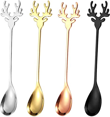 KOMUNJ 4 Stück Kaffee-Löffel Elch-Löffel Edelstahl löffel lang Dessert-Löffel, Edelstahl Teelöffel Besteck Set, Cocktail Geschirr, Party Geschirr Dekoration