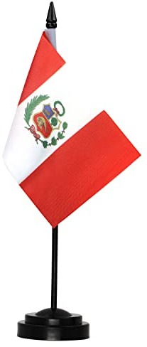 Anley Peru Deluxe Desk Flag Set - 6 x 4 Inch Miniature Peruvian PE Desktop Flag with 12 Solid Pole - Vivid Color and Fade Resistant - Black Base and Spear Top