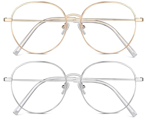 ACWOO Blaulichtfilter Brille, 2er-Set Rund Anti Blaulicht PC Gaming Brillen Mode Brille, Metall Blue Light Blocking Glasses, Retro Ohne Stärke Blaufilter Brille für Damen Herren (Gold+Silber)
