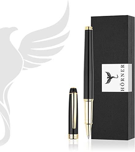 Hörner Nobilis - Premium Tintenroller Schwarz I Edle Geschenk-Box I Schreibfarbe Blau I Strichstärke M 0,7 mm I Hochwertiges Etui I Moderner Grip I Hochwertiger Rollerball Pen I Luxus Design