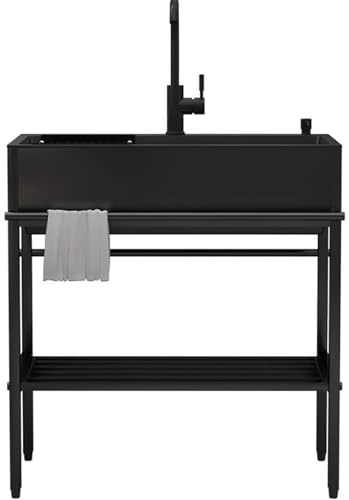 Lavandino Da Esterno Nero Lavello Utilità Acciaio Inossidabile, Lavandino In Acciaio Inox Con Scolapiatti, Lavandino Autoportante Commerciale, Con Rubinetto, Lavatoio Da Giardino Campeggio ( Size : 90