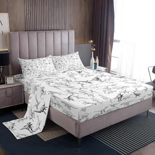 Feelyou Dinosaur Bed Sheets Set Full Size 3D Digital Print Sheet Set for Kids Boys Girls Decor Jungle Dino Sheets with Deep Pocket Fitted Sheet Wild Animal Black and White Bedding Set Bedroom