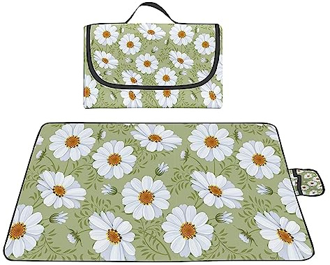 Picknickdecke 150x150cm,XXL Picknickdecke mit Wasserdichter Unterseite,Outdoor Stranddecke Sandfrei,mit Tragegriff Picnic Blanket für Camping,Strand,Familie,Konzerte Gänseblümchen Weiße Blumen