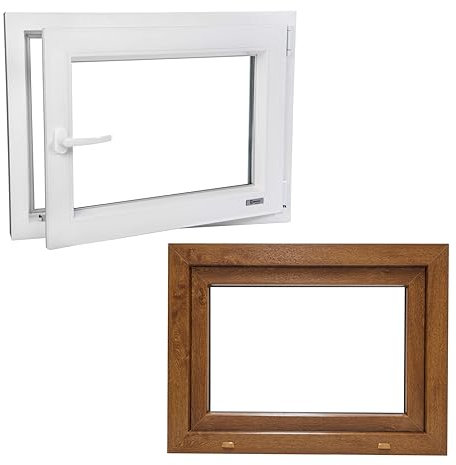 Fenster auf VEKO Premium Qualität Kunststoff/Garagen/Keller/Hallen/Gartenhaus PVC Hochwertiges Dreh Kipp 2-Fach Verglasung Innen Weiss Außen Goldene Eiche 60x75cm 600x750mm DIN Rechts Her