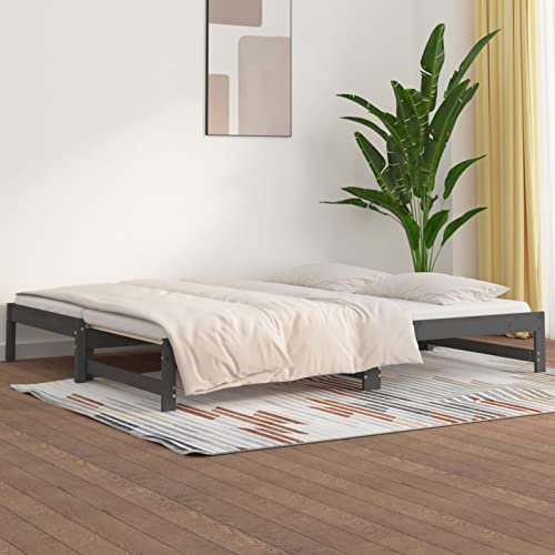 Rantry Tagesbett Ausziehbar Ausziehbett Bettsofa Sofabett Schlafsofa Holzbett Gästebett mit Lattenrost für Schlafzimmer Wohnzimmer Grau 2X(90x200) cm Massivholz Kiefer