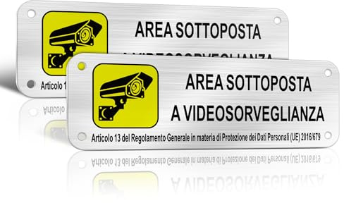TAKULA Cartello Area Videosorvegliata 15x5cm conforme GDPR 2 Pezzi | Alluminio spazzolato. Supporto adesivo e fori preforati. Per interno/esterno, casa e ufficio.