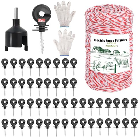 Weidezaunlitze 200 m und 50 Pcs Elektrozaun Ringisolatoren | 6 Stahl Litzen Elektrozaun Draht mit 1 Pcs Isolator Socket Tool,Portable Elektrozaun Poly Draht Seil Linie