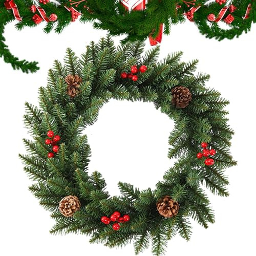 Corone di Natale per porta d'ingresso, corona di Natale verde, ghirlanda da parete decorativa natalizia fatta a mano | Corona di decorazione di festival decorata con pigne per pareti, caminetti,