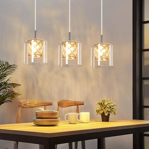 CBJKTX Pendelleuchte Esstisch Glas Esstischlampe, Chrom, 3-flammig G9, | höhenverstellbar bis 120cm, Kristall, ohne Leuchtmittel
