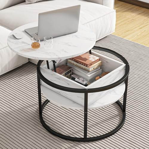 HOJINLINERO Couchtisch Rund,Couchtisch Höhenverstellbar,Wohnzimmertisch mit Verstecktem Stauraum,mit Hebeplatte,Couchtische,Couch Tisch,Kaffeetisch,Rund Holz (Weiß)