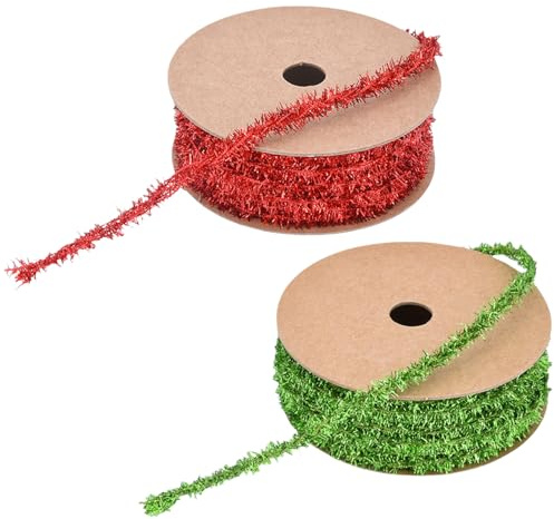 2 Rolls Christmas Tinsel,Thin Christmas Tree Glitter Fringe Garland Foil Tinsel Ribbon Mini Hanging Ceiling Decoration,for DIY Crafting Xmas Tree Wrapping Gift Party Home Decorations (Red/Green)