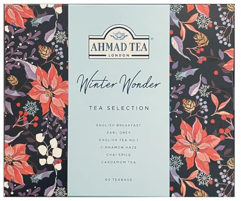 Ahmad Tea – Selezione di 6 Tè Pregiati Winter Wonder, Confezione Regalo – 60 Bustine Assortite di Tè Neri e Speziati – Idea Regalo Elegante per l’Inverno e le Feste