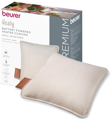 Beurer Heaty Heat pad, Cordless Heat pad with Battery, Heating pad with Automatic Switch-Off Function and 3 Temperature Settings, with Fast Heating, Soft Corded Fabric, White