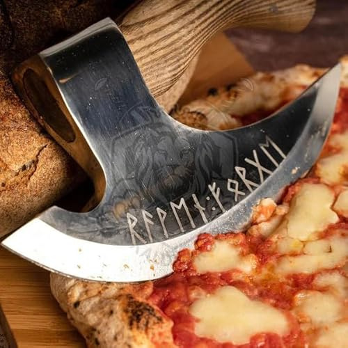 Viking Pizza Cutter Axe with Leather Sheath, Carbon Steel Pizza Slicer Axe Blade with Wood Handle, Viking Style Pizza Cutter Design, Best for Him and Her