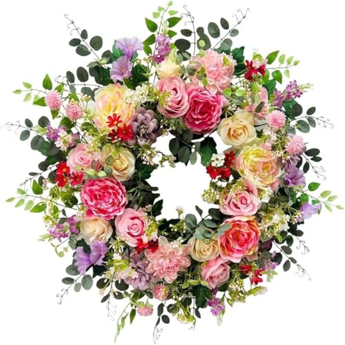 Rosen & Pfingrosen Türkranz mit Eukalyptus,40cm Wetterfester Frühlings-/Sommerkranz für Haustür & Wanddekoration (35CM)