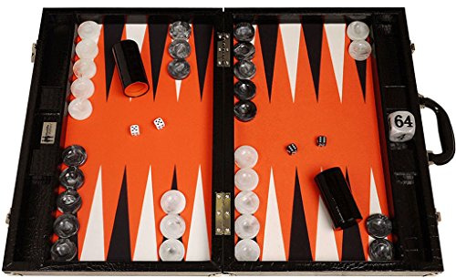 Wycliffe Brothers Backgammon Turnierset Gen III – Professionelles Backgammon Spielset 53 x 73 cm – Luxus Backgammon Koffer in Schwarz Kroko-Optik – Orange Spielfläche – Premium Reise- & Turnierset