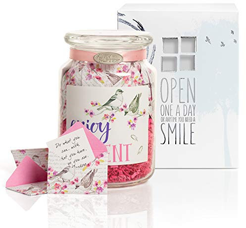 KindNotes Glasdose mit Freundschaft und inspirierenden Botschaften – Vögel und Blumen genießen jeden Moment