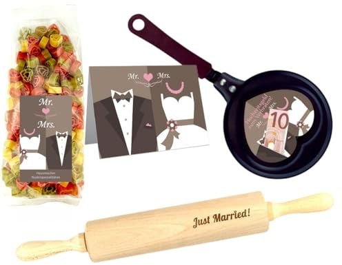 schenken-24 Geschenkset zur Hochzeit 4-teilig/Hochzeitsgeld zum verbraten/Mr & Mrs/zum Geld verschenken/Geldgeschenk Hochzeit (Just Married)