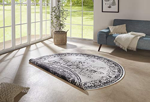 NORTHRUGS In- und Outdoor Teppich Borbon Rund ⌀200cm- Wendeteppich Wetterfest Orientalisches Vintage Design Läufer für Balkon Terrasse Garten Wintergarten Wohnzimmerteppich Wasserfest in Schwarz Creme