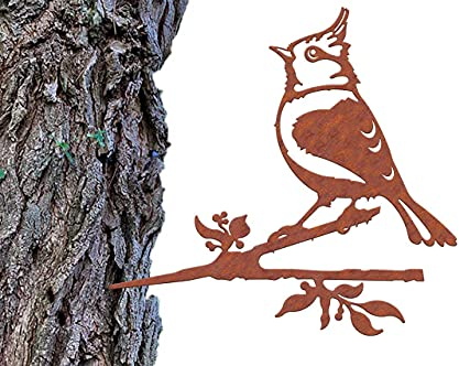 Illumino Baumstecker Metall Rost Gartendeko - Glücksvogel Haubenmeise - 2 mm Edelrost-Stahl, Naturrost Vogel Deko für den Garten, Gartendeko Rost, Baum Deko Garten, Zaundeko
