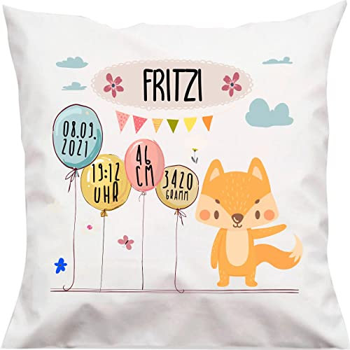Kleckerliese Kinder Kissen Fuchs mit Datum Uhrzeit Gewicht Balon Regenbogen Kissenbezug Weiss Kissenhülle 40x40 cm