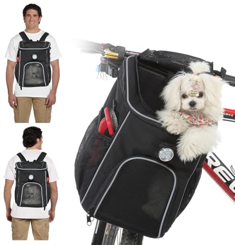 PETCUTE Zaino per Gatti,Pieghevole Borsa da Bicicletta per Cani con Nastri Riflettenti e luce,Staccabile Cestino per Bici per Cani con Tasche Portaoggetti,Adatto per Viaggiare