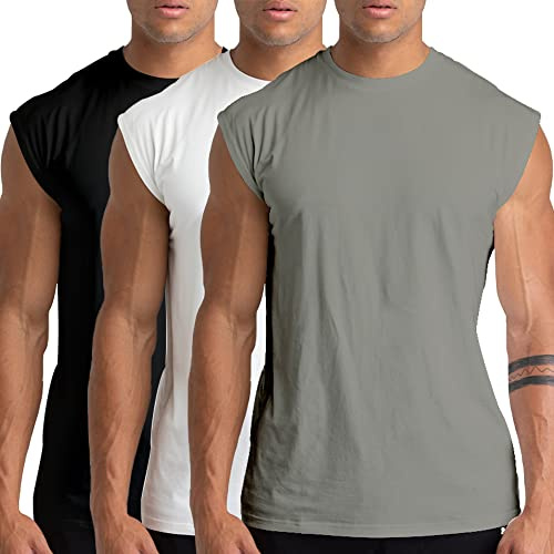 Holure 3 Pack Men's Gym Tank Tops Workout Sleeveless T-Shirts Athletic Muscle Tank Training Bodybuilding Shirts Black/White/Grey 05-L