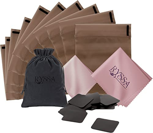 Rollander tarnish free jewelry storage bundle: silver storage bags anti tarnish jewelry bags (10), jewelry tarnish protector anti tarnish strips tabs (50), soft travel pouch (1), & polishing cloth (1)