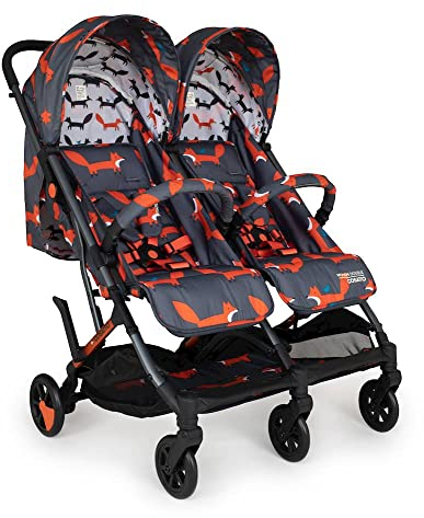 Cosatto Woosh Doppel-Kinderwagen – leichter Kinderwagen von der Geburt bis 22 kg, Zwillinge oder Geschwister – einhändig, faltbar, kompakt, unabhängige Sitze, Anthrazit Mister Fox)