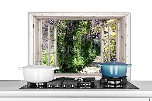KitchenYeah© Plaque Anti Projection Cuisine 90x60 cm Aluminium Décoration Couvercle Anti Éclaboussure Crédence Cuisine Glycine - Fleurs - Transparent - Arbre - Printemps